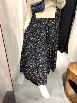 

100%viscose Women Skirt Little Black Ganlan Skirt Romantic Skirt Floral Elastic Waist Midi Skirt