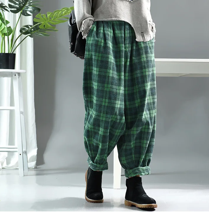 

Casual Women Corduory Plaid Pants 2019 New Autumn Spring Elastic Waist Vintage Pockets Fashion Loose Women Trousers