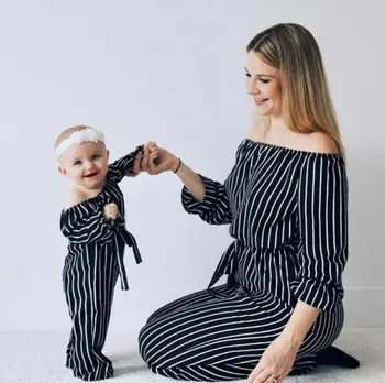 

Mother Daughter Family Matching Clothes Long Sleeve Striped Romper Lace Up Jumpsuit Belt Casual Playsuit One-piece Outfits