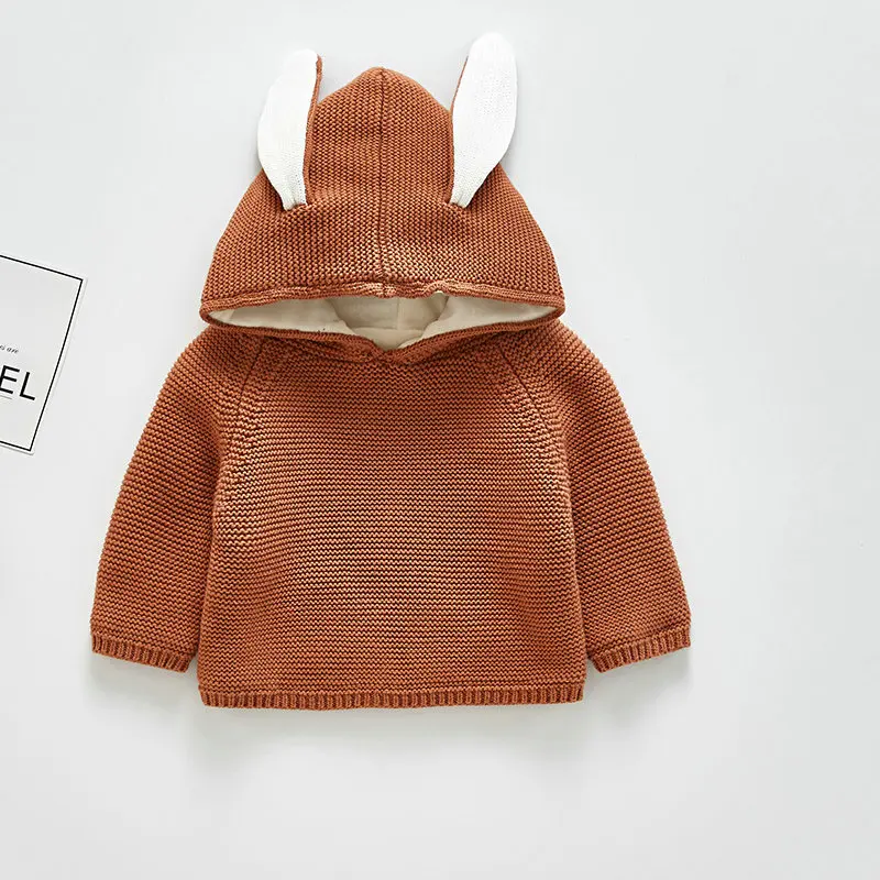 Хлопковый кардиган с капюшоном и заячьими ушками; детский зимний костюм-свитер для малышей; пуловер для новорожденных мальчиков и девочек; вязаный джемпер в Корейском стиле