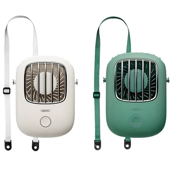 

2set REMAX ligent Small Fan, 3 Gears Adjustable Mute High Wind, Shoulder Strap Hanging Neck Small Fan White & Green