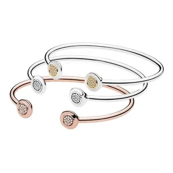 

100% 925 Sterling Silver Opening Classic Double Round Letter Pan Bracelet Fit European Charm Bracelets Women Jewelry