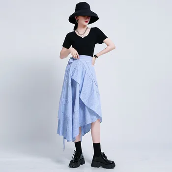 

WOMENGAGA 2020 SUMMER NEW A-line Skirt High Waist Irregular Patchwork Pleated Ruffles Empire Casual Loose Solid A878