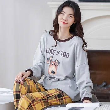

2020 Cotton Pajamas Set Autumn Winter Women Nightwear Cute Cartoons Print Long Sleeve Sleepwear Simple Female Home Clothes
