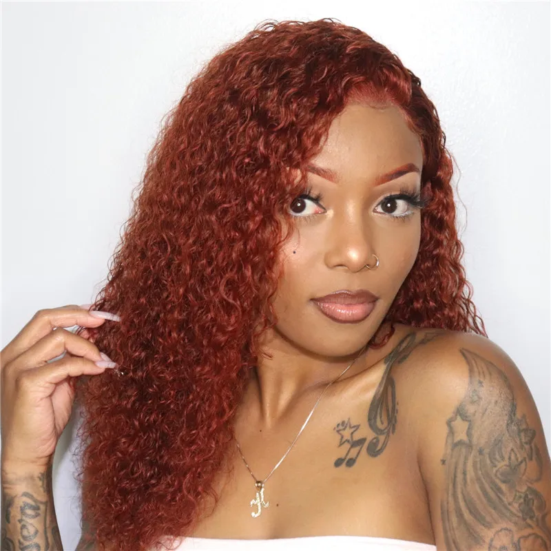 Ginger Orange Human-Hair-Wigs Brazilian-Hair Lace-Part Colored-Hair Deep-Wave with 