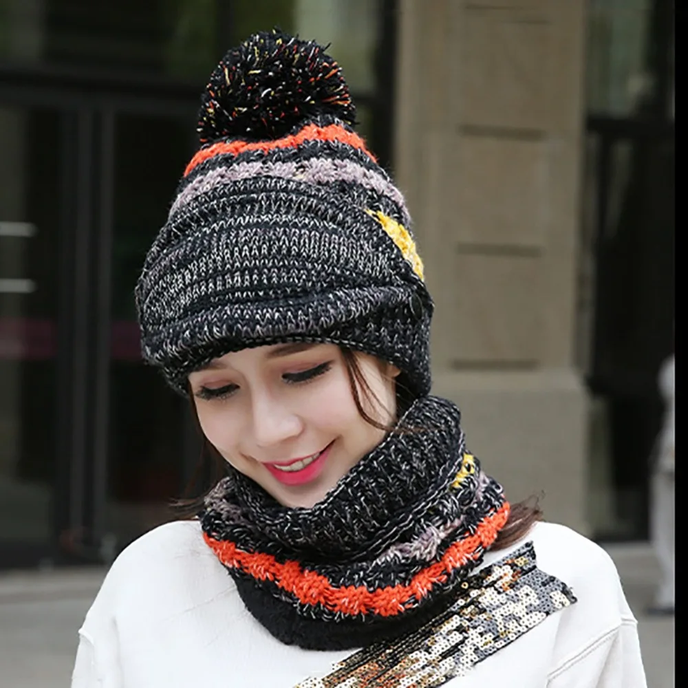 Beanie Hat Scarf Face Mask Set Thick Patchwork Detachable Knitted Cap Neck Warmer Headwear New