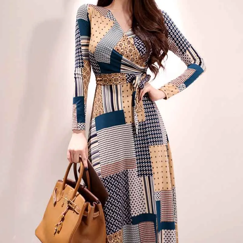

New V-Neck Print Elegant Temperament Dress Women Bandage Split Bodycon Dresses New 2020 Autumn Geometric Casual Vestido De Festa