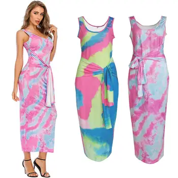 

Women Houseware Slim Pack Hip Sexy Sleeveless Nightdress Tie-Dye Printed Knitted Elastic Robe Gowns Home Wear Waistband Robe