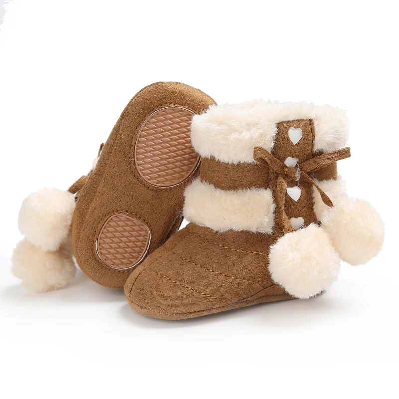 Милые теплые зимние сапоги для маленьких мальчиков и девочек; зимние Утепленные ботиночки; милая плюшевая обувь для малышей и новорожденных; обувь с помпонами; 0-18 месяцев