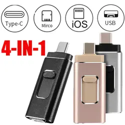 USB флеш-накопитель 4 в 1 Тип-c/Lightning/Micro USB/USB 3,0 для iPhone XS/X/8/7/7 Plus/6 Plus/6s/ipad Металл USB Flash Drive 64 Гб оперативной памяти, 32 Гб встроенной памяти