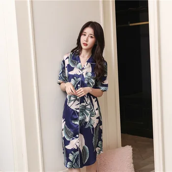 

2020 Summer Women Nightgowns Sleepshirts Nightshirts Silk Sleepwear Satin Sexy Nightdress Turndown Collar Nightwear