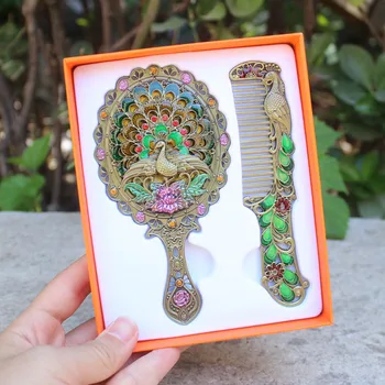

Travel gift retro makeup handle mirror comb set simple creative portable dormitory decor student mirror Peacock mirror LB41613