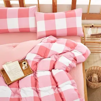 

4pcs Bedding Sets Pink Plaid Washed Cotton Polyester Soft Duvet Cover Bed Linen Pillowcases Microfiber Bed Sheet Queen King Size