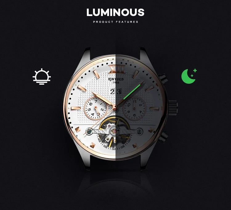 Новые KINYUED швейцарские автоматические Tourbillon механические часы многофункциональные водонепроницаемые светящиеся кожаные мужские автоматические часы