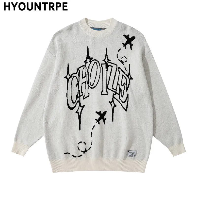 Hip Hop Letter Knitted Oversize Sweater Men Harajuku O-neck Long Sleeve Pullover Streetwear Casual Loose Sweater Jumper Knitwear