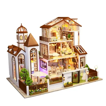 

Duplex Garden Villa Dollhouse Miniature Kitchen Bedroom Furniture Lights Kit 3D Assembly Wooden Puzzle Toy Model Christmas Gift