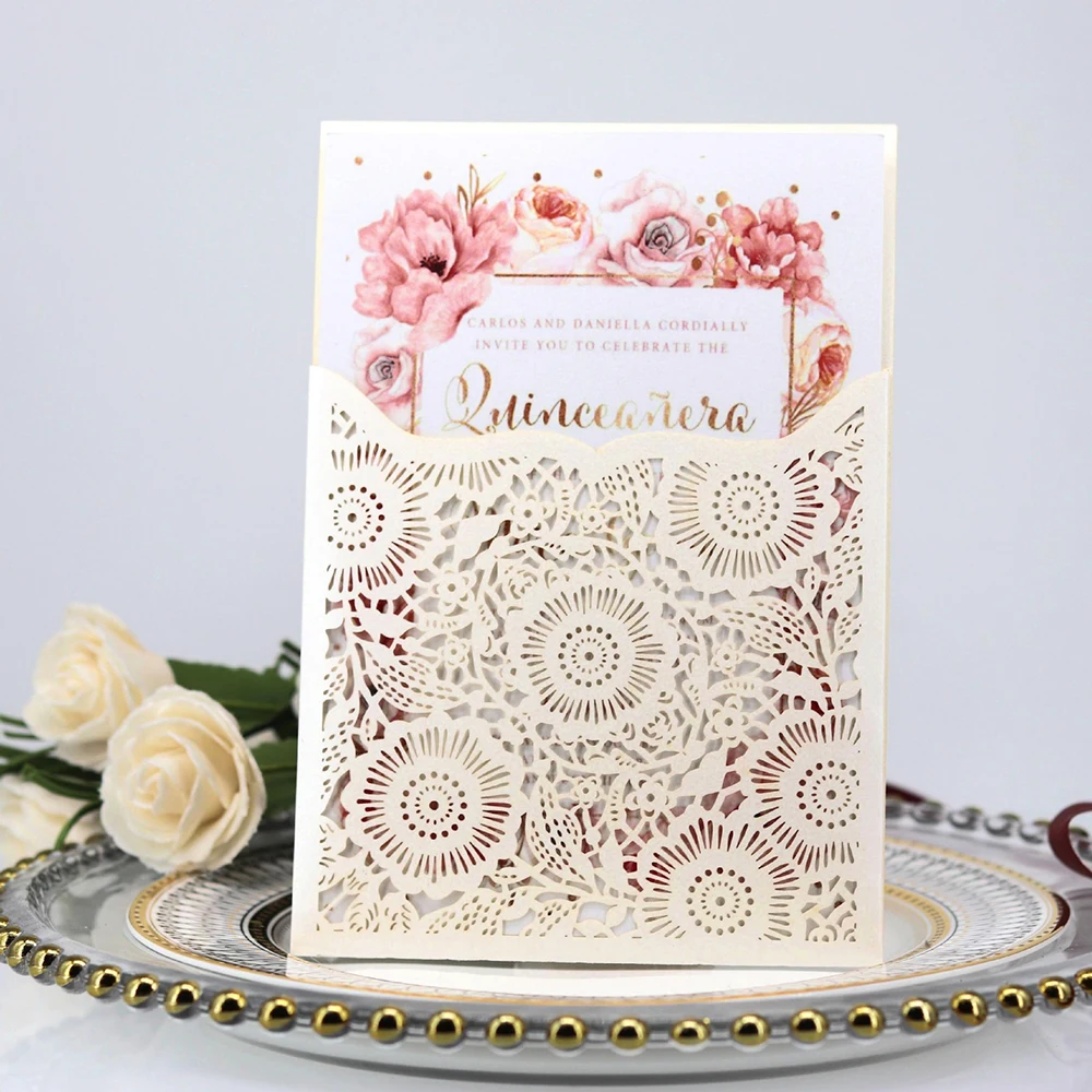  10pcs Wedding Invitations Lace Pattern Cards Laser Cut Paper Cards Announcement Greeting Postcards  - 4.00044E+12