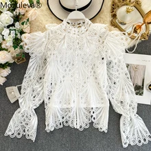 Mozuleva 2020 Spring New Sweet Ruffles Hollow Out Polka Dot Lace Shirt Women Long Flare Sleeve Button Fashion Runway Blouse Top