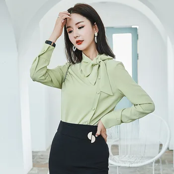 

Irregular Shirt New Style Avocado Green Long Sleeve Chiffon shirt women's bow top trend in early autumn 2019 blouse