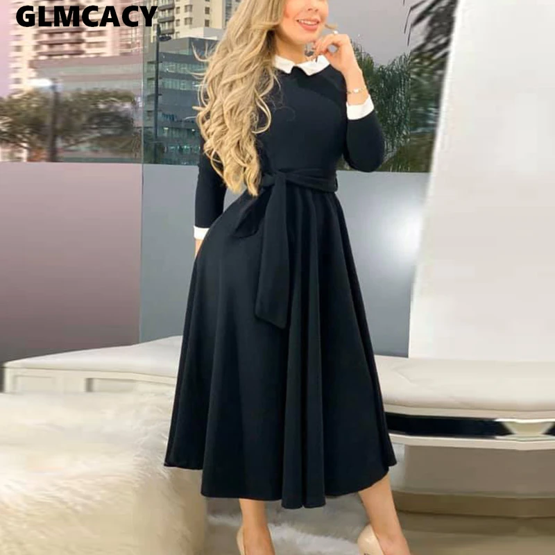 Vestido de manga larga a media pierna para mujer, elegante, de cintura alta, elegante, Formal, de fiesta de Iglesia|Vestidos| - AliExpress