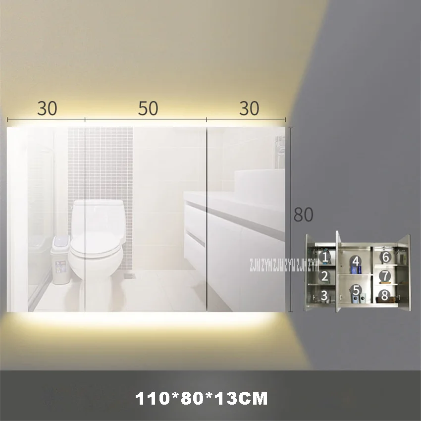 Туалет настенный шкаф из нержавеющей стали серебряное зеркало шкаф для хранения принадлежностей в ванной комнате с светильник 220 В/110 в 12 Вт - Цвет: 110V  110cm