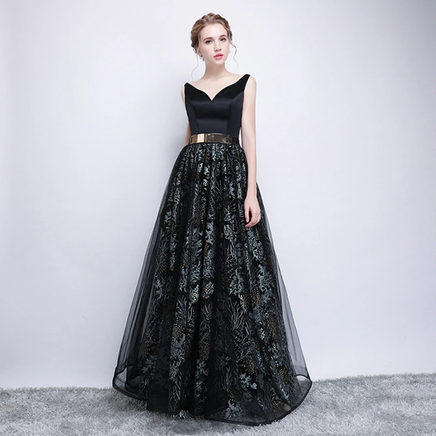 Vestido de festa longo, черное платье без рукавов, новинка, открытая спина, вышитый тюль, пояс, украшение, сексуальные длинные вечерние платья