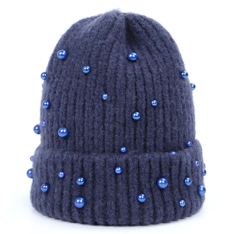 Модная вязаная шапка с жемчугом, женская шапка с помпоном из натурального меха, зимняя теплая хлопковая шапка с помпонами енота, Высококачественная утепленная женская шапка - Color: Dark blue-2