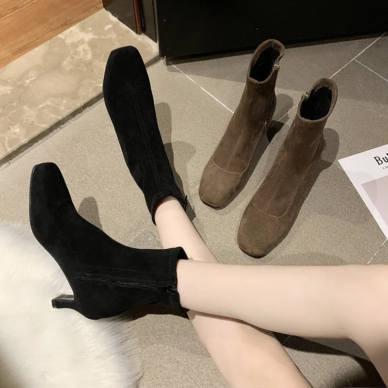 

Square Head High Heels Boots Women's 2019 Zipper New Style Versatile Martin Thin Heeled Side Autumn & Winter Convention Thin Boo
