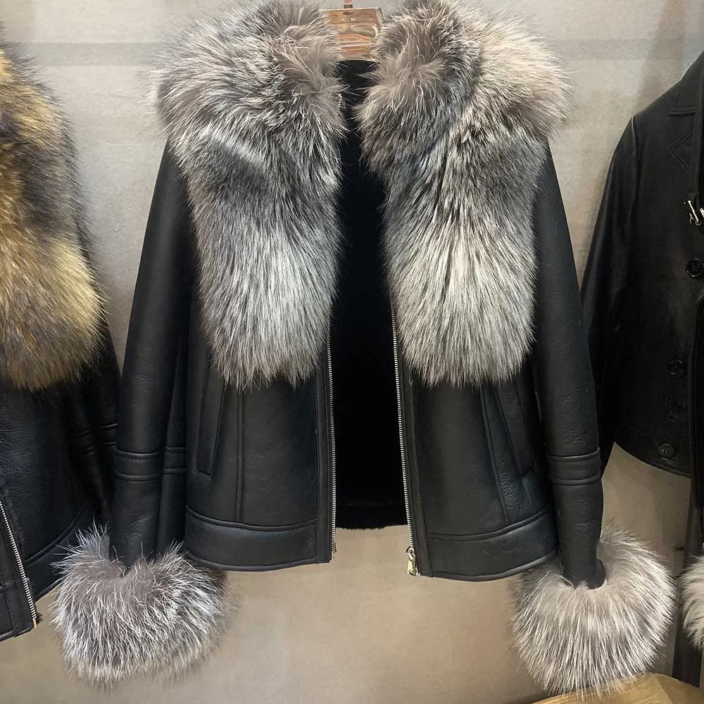 Silver Fox Женская куртка из натуральной овчины с воротником из меха серебристой лисы, пальто из меха енота, Зимняя Толстая теплая подкладка из натурального меха S7653 - Цвет: Silver Fox