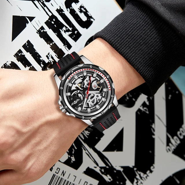 Winner brand 2019 new fashion men automatic mechanical watches luxury brand skeleton luminous hands rubber strap sport clock