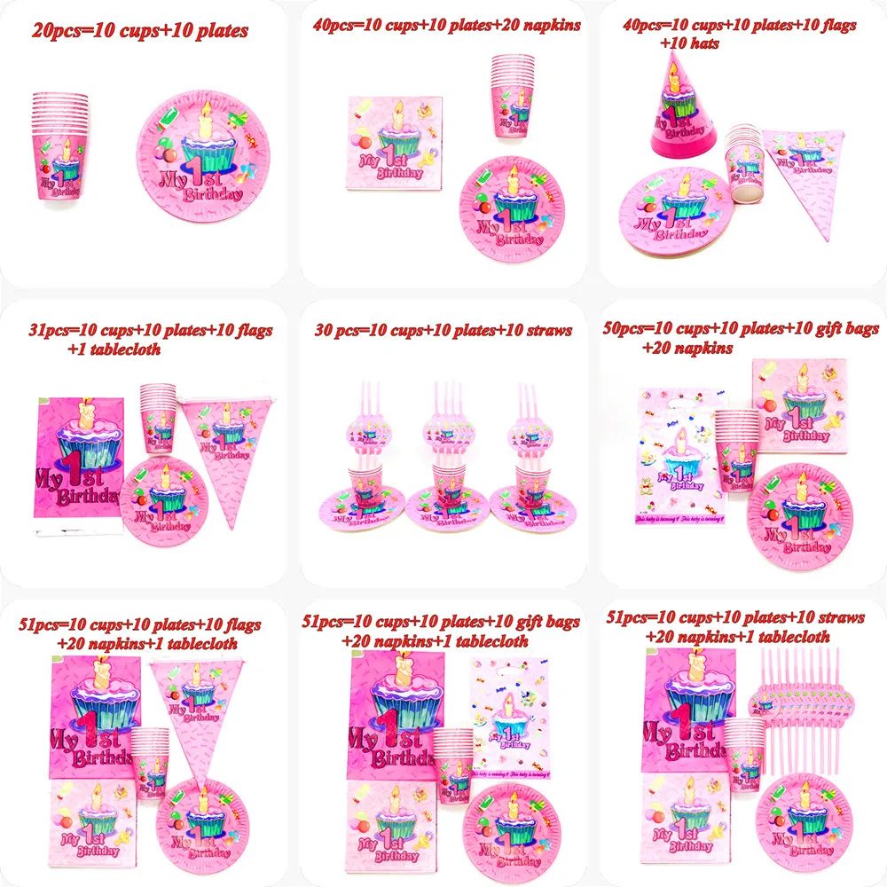 

First Happy Birthday Paper Cup Plate My 1st 1 One Year Party Decorations Kids Baby Girl Disposable tableware set Supplies Pink