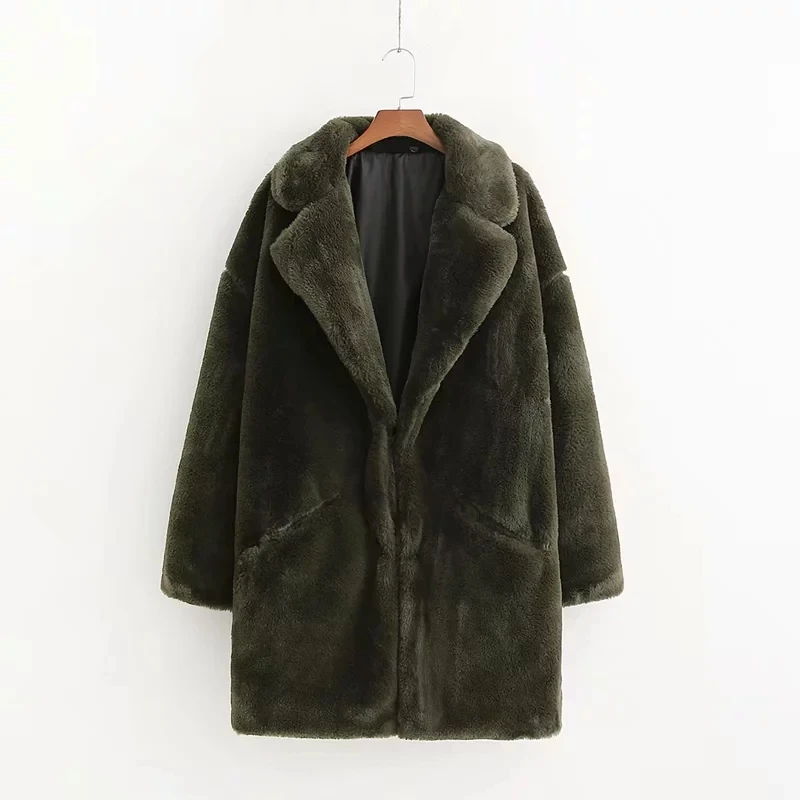 Женское пальто из кроличьего меха, зимнее зеленое пальто из искусственного меха, женское теплое пальто из плюшевого меха с длинным рукавом, толстая Меховая куртка, длинное пальто, верхняя одежда