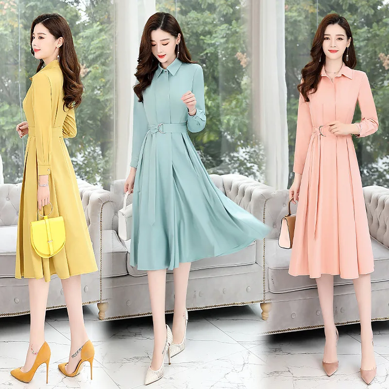

Shirt Dress Women's 2020 New Style Spring Clothing Ladies' Dress Slimming Simple Skirt Normcore Style Mid-length Big Skirt