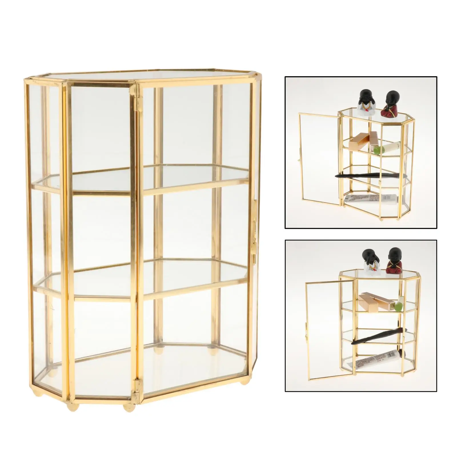 Vintage Golden Glass Box, Clear Glass Metal Storage Jewelry Organizer Open Front Display,  Shape with 3 Tier