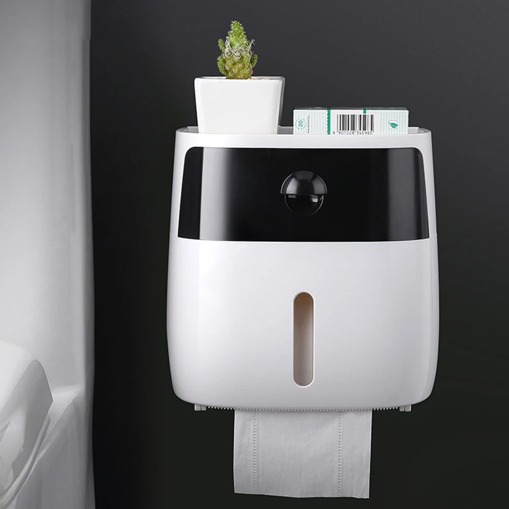 Многофункциональный настенный держатель для туалетной бумаги водонепроницаемый двухэтажный прочный лоток коробка для хранения самоклеящийся ящик для ванной комнаты - Цвет: Black White