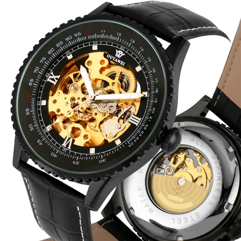 

OUYAWEI Gold Stainless Steel Skeleton Mechanical Watch Genuine Leather Watch Strap Automatic Watches Business Casual Man Clock