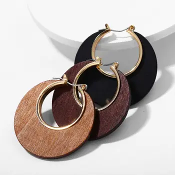 

HOCOLE Vintage Wooden Drop Earrings For Women Elegant Handmade Geometric Round Hollow Gold Wood Pendant Dangle Earring Jewelry