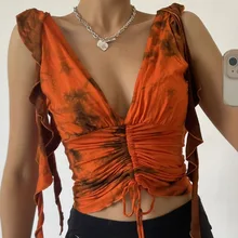 

2021 Sexy Deep V Printing Ruffled Lace-up Ruffled Backless Tie-dye Sleeveless Short Vest Female Summer Crop Top Womens Clothes