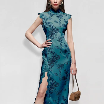 

Seifrmann Summer Fashion Vintage Casual Tea Break Dress Women Designer Sleeveless Patchwork Slit Floral Print Ladies Midi Dress