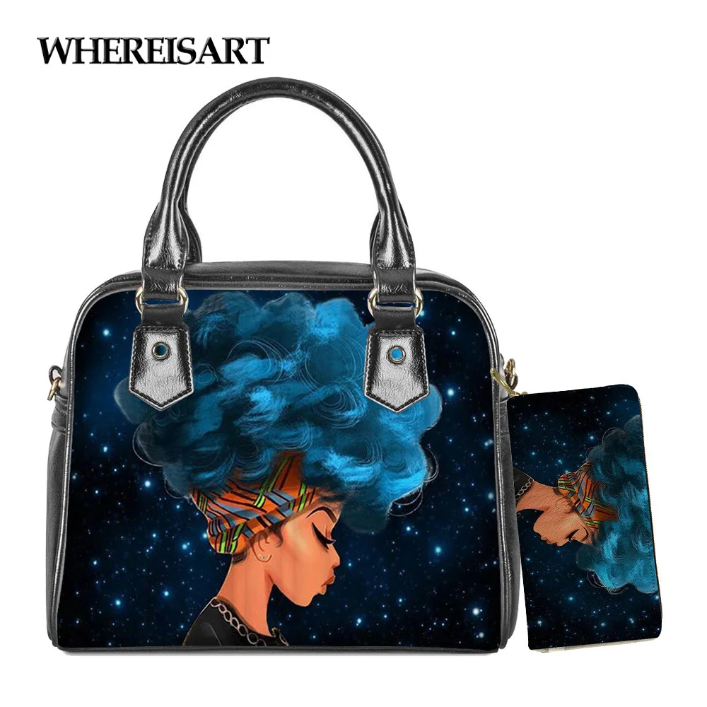 

WHEREISART Afro Girl Magic Black Women Printed 2pcs/set Women Shoulder Handbag with Wallet PU Leather Ladies Casual Tote Bag