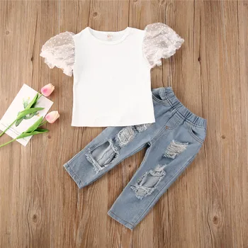 

2020 summer Newborn Toddler Kids Baby girls casual clothes short lace sleeve top Tattered trousers sunsuit Outfits