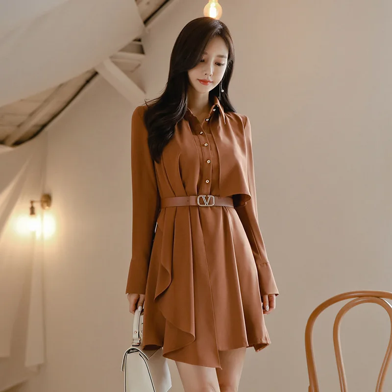 

WOMEN'S Dress 2019 Spring And Autumn New Style Korean-style Elegant Slimming Dress Fold-down Collar Long Sleeve Shirt Dress Wome