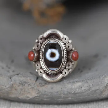 

Vintage 100% Real 925 sterling silver lucky eyes ring Ethnic red agate Thai silver rings jewelry for women or Men 2020 new