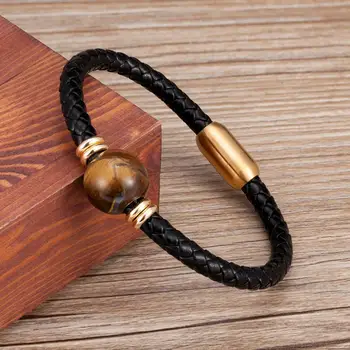 

New Fashion Style Men Leather Bracelet Charm Gold Silver Color Stainless Steel Magnet Neutral Stone Beads Bracelets Jewelry Gift
