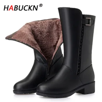 

HABUCKN Warm Wool Women Snow Boots Fur Warm Shoes Genuine Leather Plush Med Boots Platform for Women Winter Boots Large Size