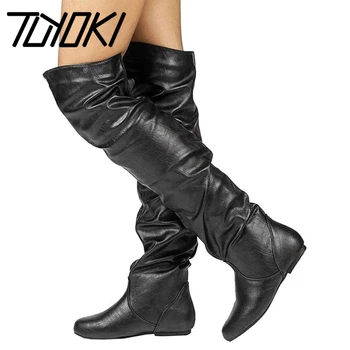 

Tuyoki Plus Size 34-48 New Over The Knee Boots For Women Black Long Boots Round Toe Flats Shoes Women Winter Warm Footwear