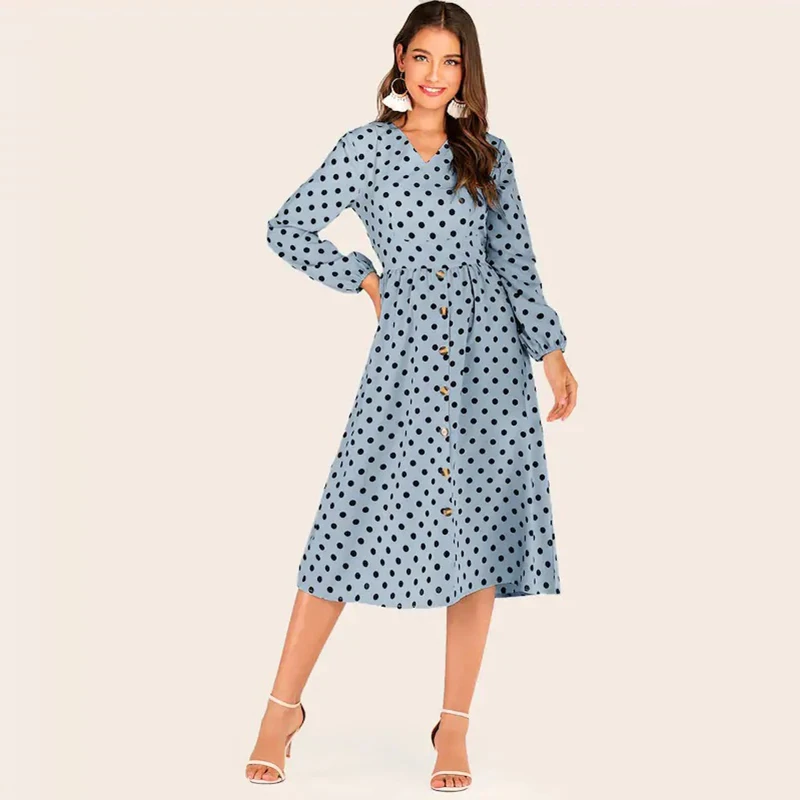 

Autumn Women Dot Printed Dress Long Sleeve V Neck Button Midi Dress Elegant Ladies Slim robe femme vestidos