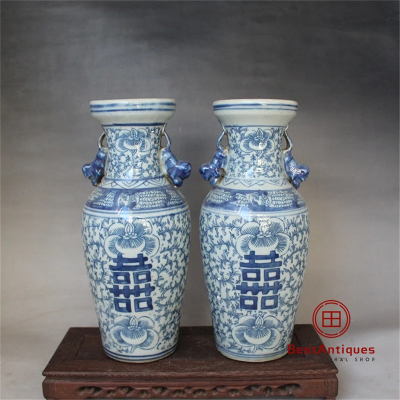 

Late Qing Blue and White Peony Double Happy Bottle Old Goods Antique Vase Decoration Porcelain Collection China Style Home Decor