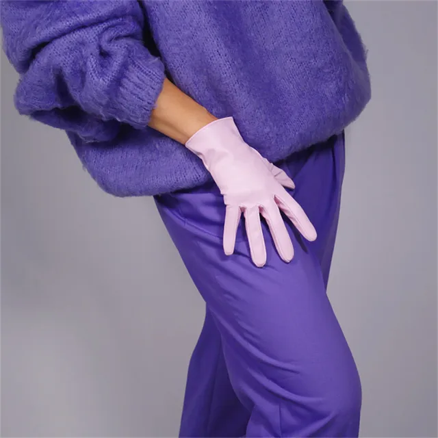 Newest Women PU Gloves Loose Long Faux Leather Glove 90cm Big Sleeve Amulation Sheepskin Light Pink Female WPU308 21cm