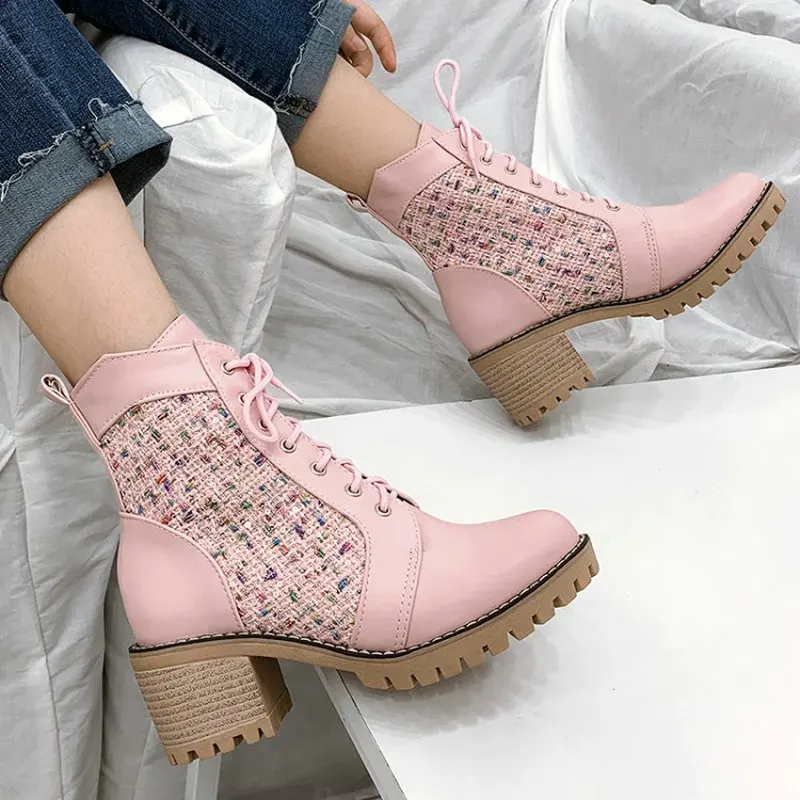

Sianie Tianie Lolita Sweet Girls Winter Warm Shoes Plaid Checker Pink Lace-up Chunky Square High Heels Women Motorcycle Boots